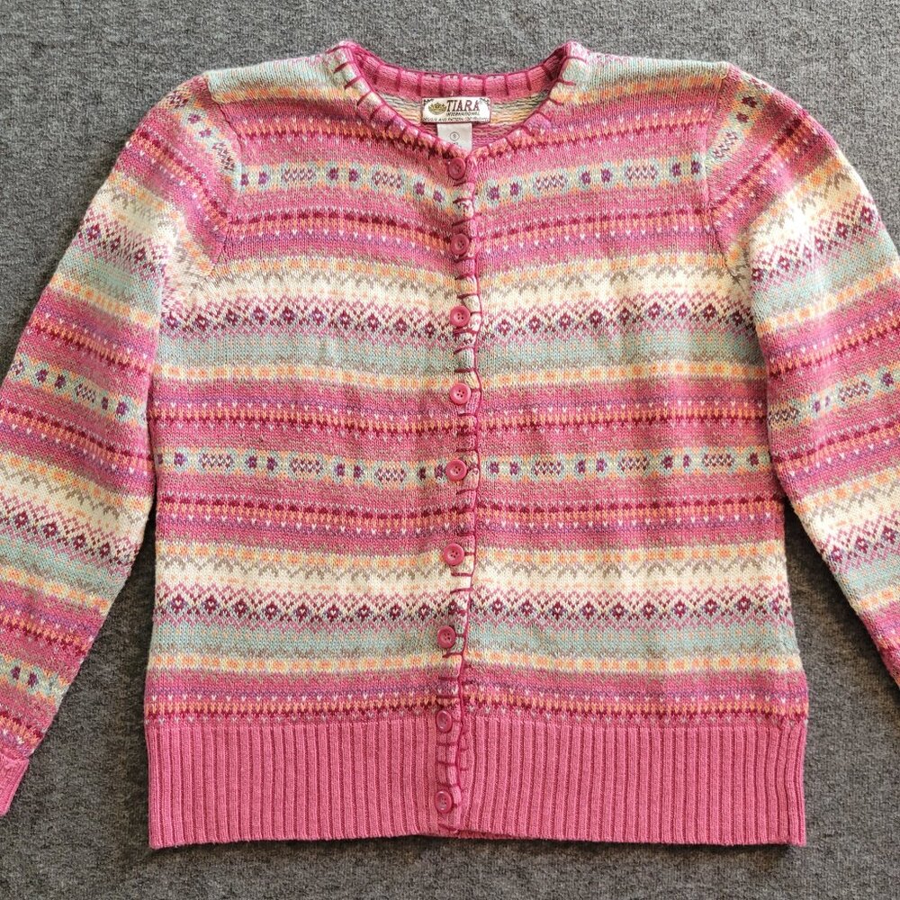 Tiara Pink Knit Button Cardigan Sweater S Fair Isle Granny Y2K Cottage Cute